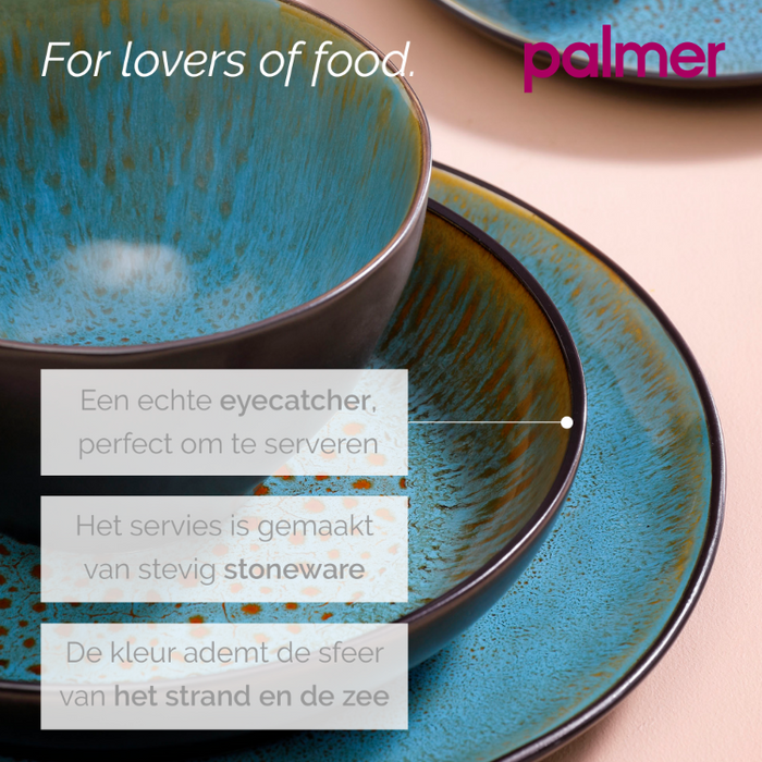 Palmer Bord diep Lotus 21 cm Turquoise Zwart Stoneware 4 stuks