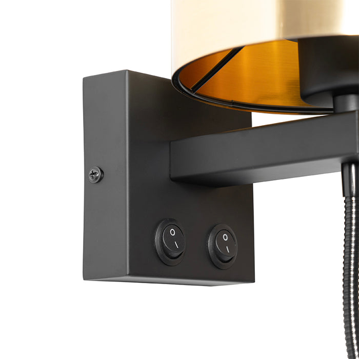 QAZQA Wandlamp zwart met flexarm en kap goud 15 cm - Brescia