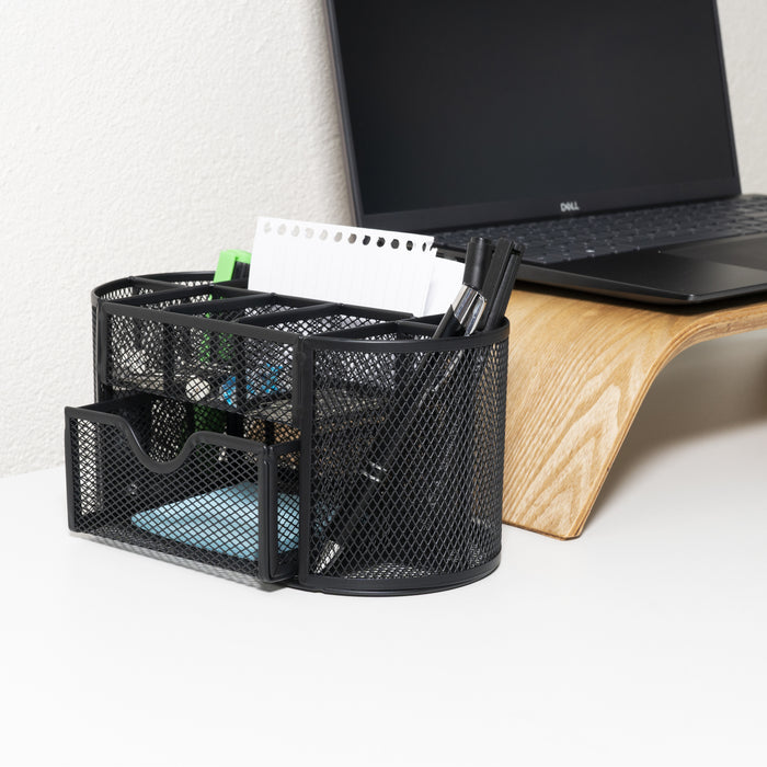 QUVIO Bureau organizer 8 vakken + 1 lade met gaas - Zwart