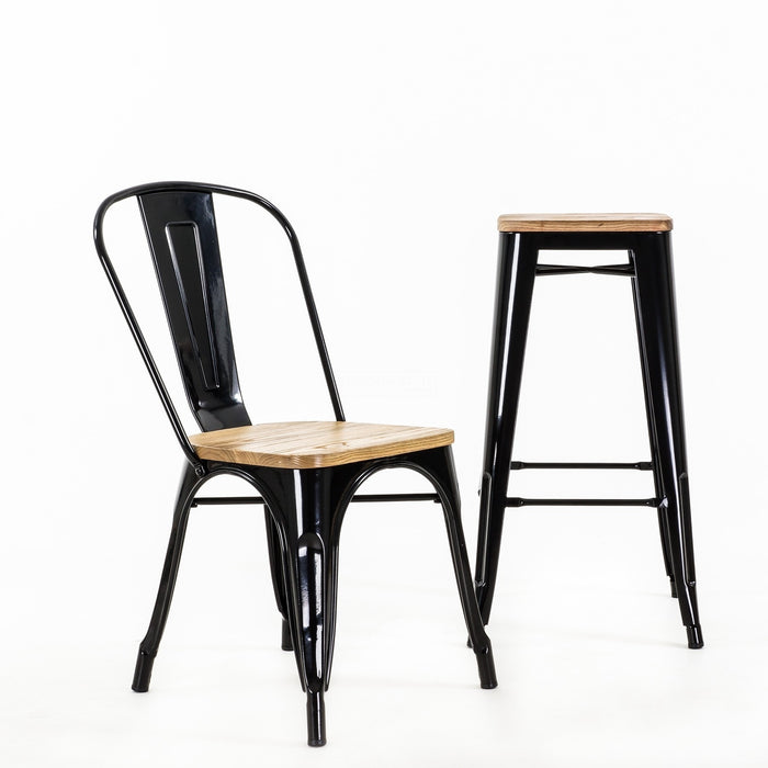 Legend Metalen barkruk zwart - met houten zitting - 77 cm