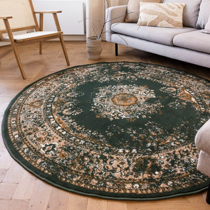 Interieur05 Rond Vintage Vloerkleed Keshan Groen - 160 x 160 cm