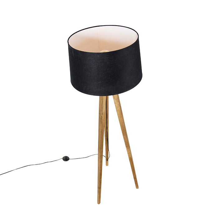 QAZQA Landelijke tripod vintage hout met linnen kap zwart 45 cm -