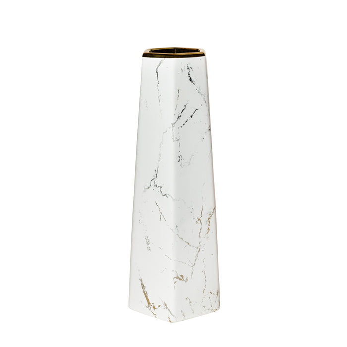 QUVIO Zeshoekige vaas, keramiek - Wit met goud marble look - M