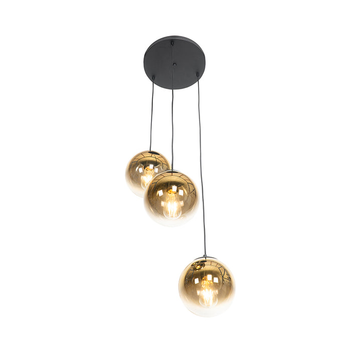 QAZQA Art deco hanglamp zwart met goud glas rond 3-lichts - pallon
