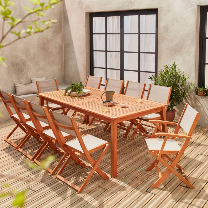 sweeek - Uitschuifbare houten tuintafel, 10 stoelen