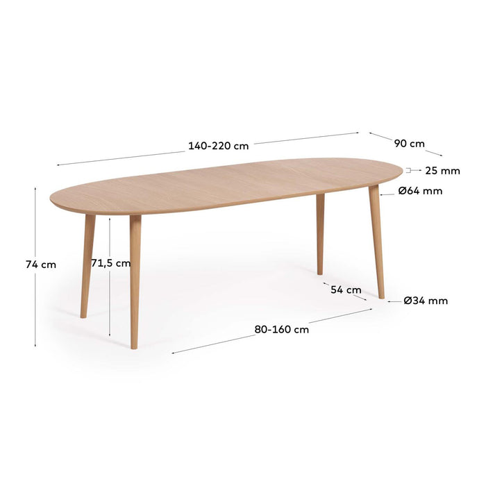 Kave Home Oqui Eettafel Uitschuifbaar Ovaal - 140/220 x 90 cm - Eiken