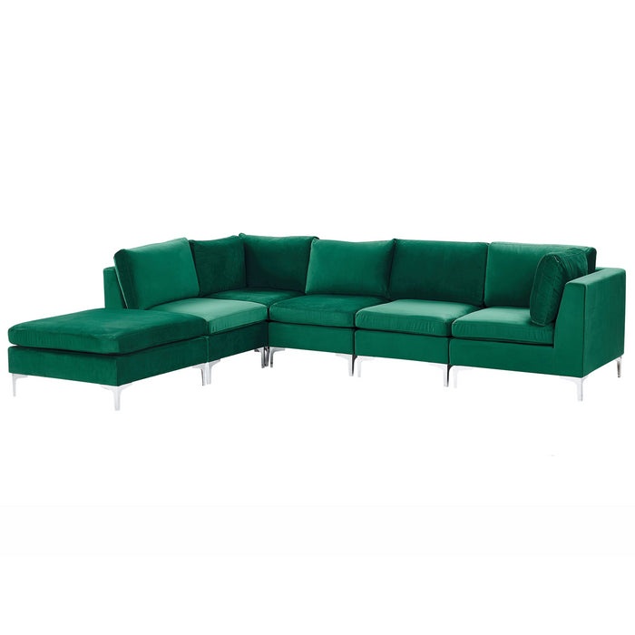 Beliani-EVJA-Hoekbank met hocker 5 zits-Groen-Rechts-300 cm-Fluweel