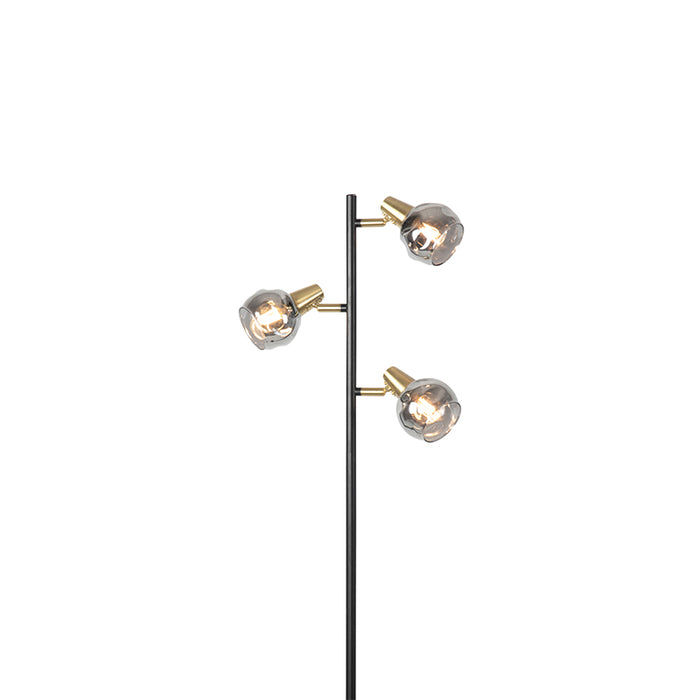 QAZQA Art deco vloerlamp zwart en goud met smoke glas 3-lichts -