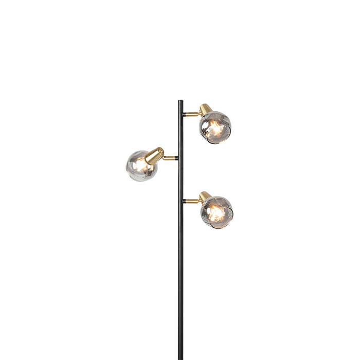 QAZQA Art deco vloerlamp zwart en goud met smoke glas 3-lichts -