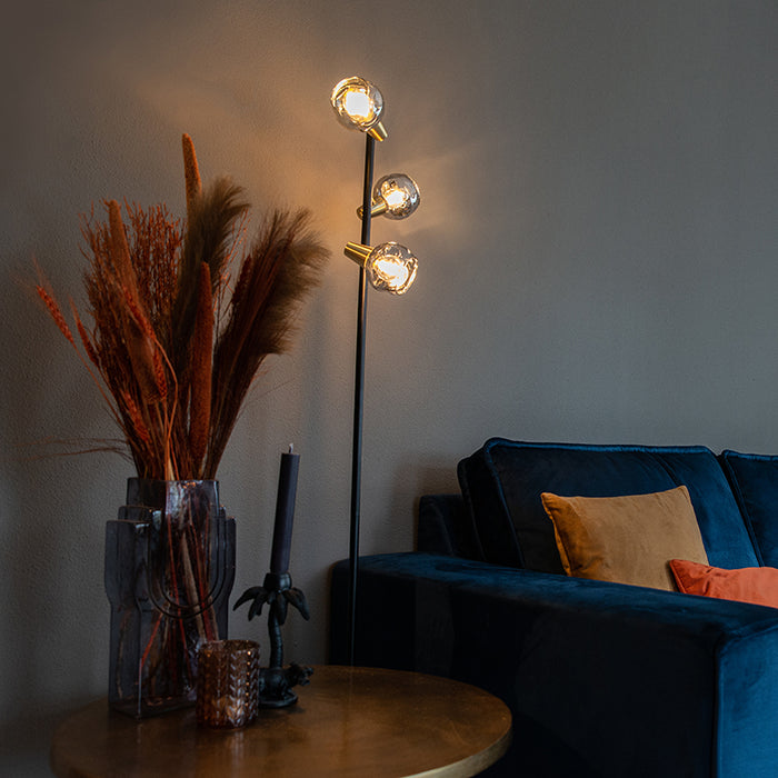 QAZQA Art deco vloerlamp zwart en goud met smoke glas 3-lichts -