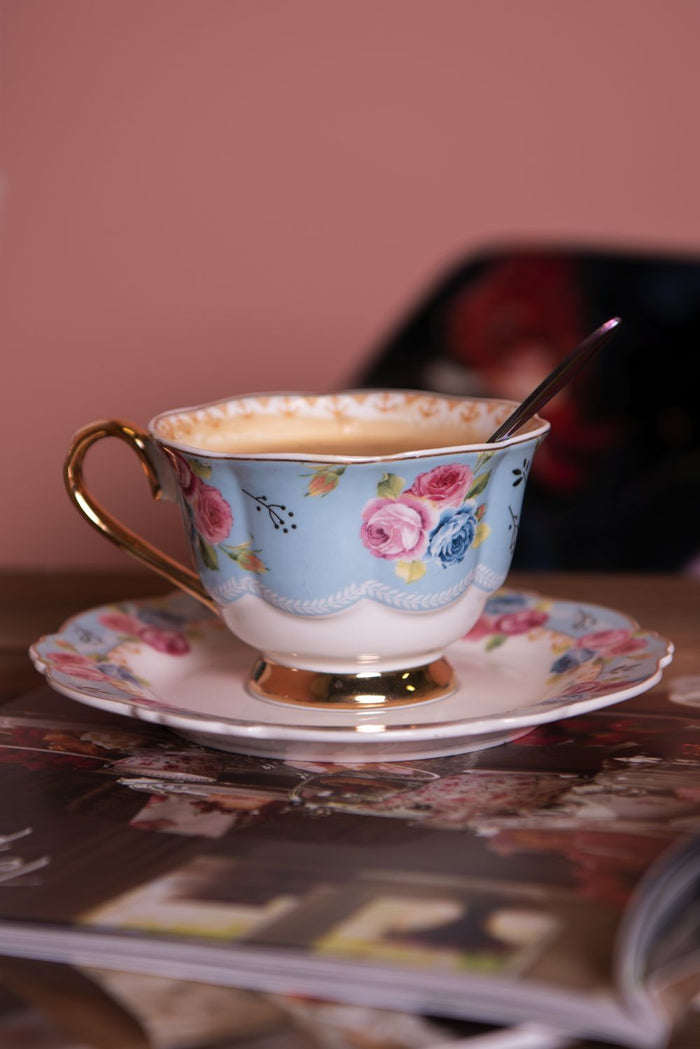 Clayre & Eef Kop en schotel 160 ml Blauw Wit Porselein Rond Bloemen