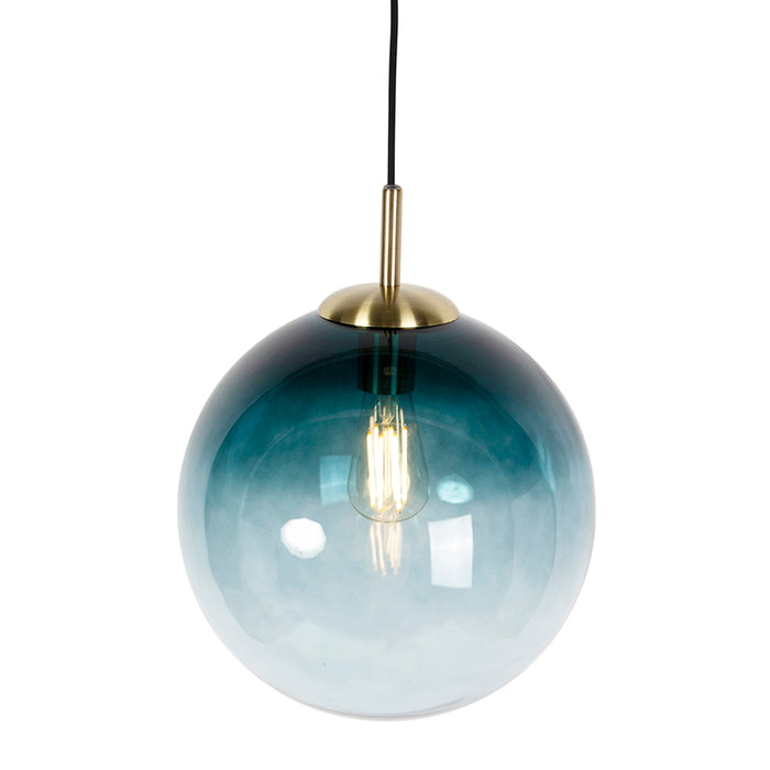 QAZQA Art Deco hanglamp messing met oceaanblauw glas 33 cm - Pallon