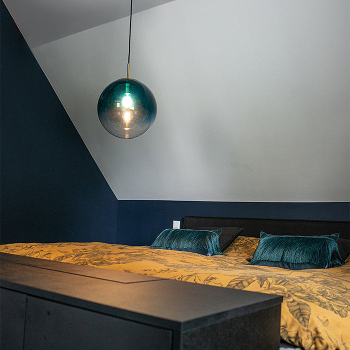 QAZQA Art Deco hanglamp messing met oceaanblauw glas 33 cm - Pallon