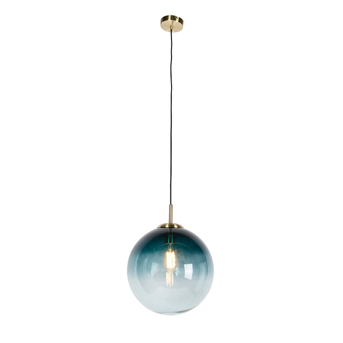 QAZQA Art Deco hanglamp messing met oceaanblauw glas 33 cm - Pallon