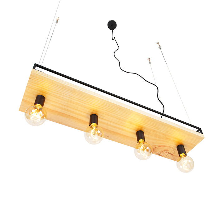 QAZQA Industriële hanglamp zwart met hout 4-lichts - Shelf