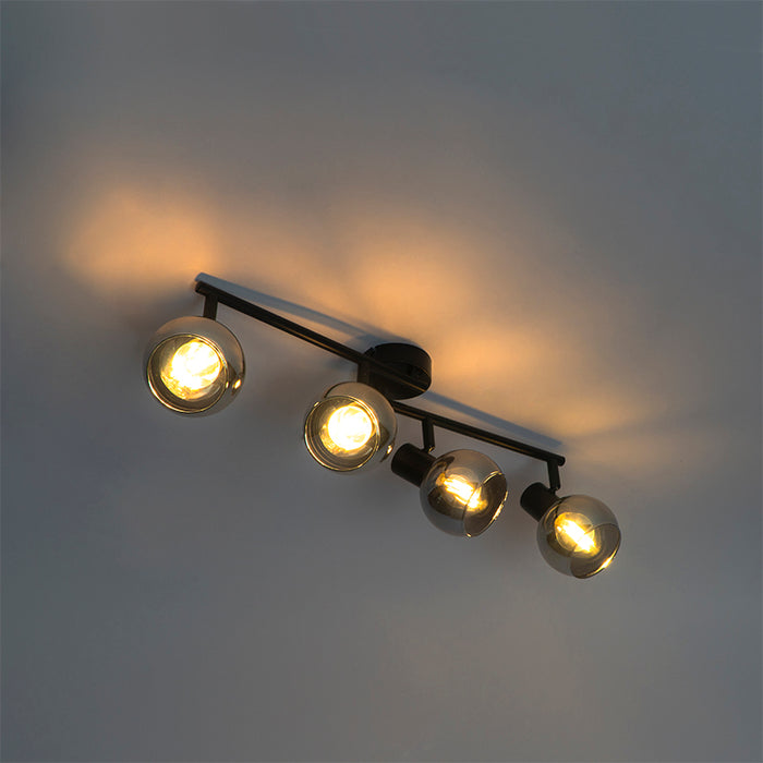 QAZQA Art Deco plafondlamp zwart met smoke glas 4-lichts - Vidro