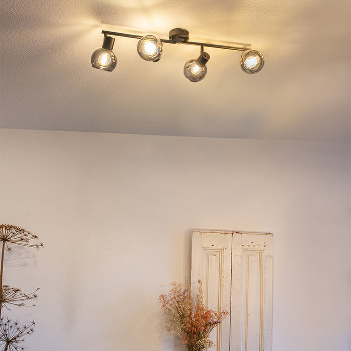 QAZQA Art Deco plafondlamp zwart met smoke glas 4-lichts - Vidro