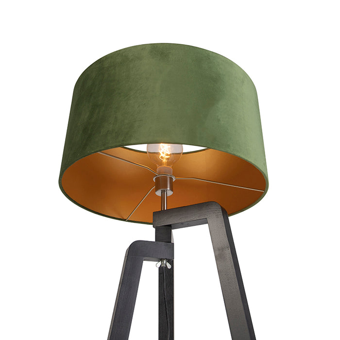 QAZQA Vloerlamp tripod zwart met groene kap en goud 50 cm - Puros