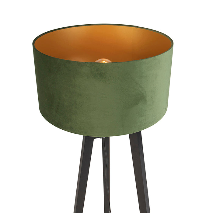 QAZQA Vloerlamp tripod zwart met groene kap en goud 50 cm - Puros