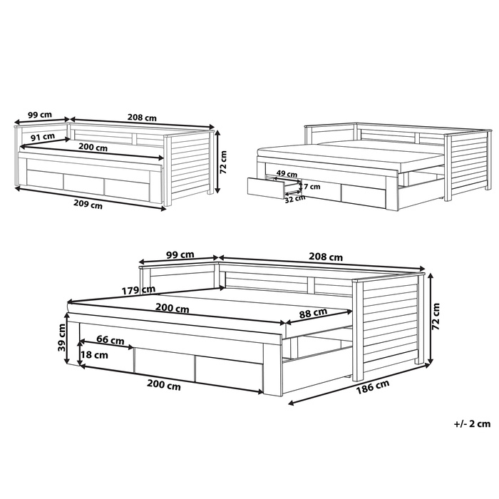 Beliani - CAHORS - Onderschuifbed - Wit - 90 x 200 cm - Rubberhout