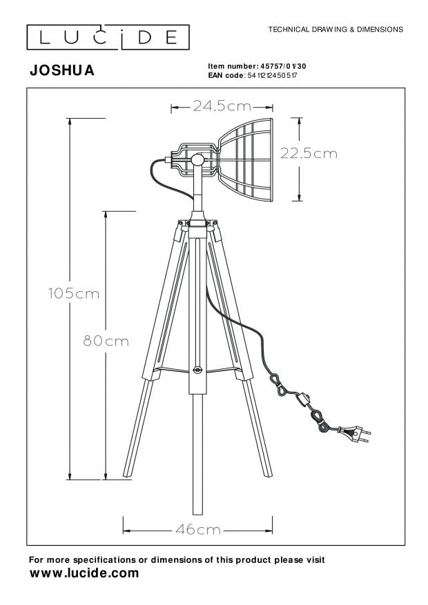 Lucide JOSHUA Vloerlamp 1xE27 - Zwart