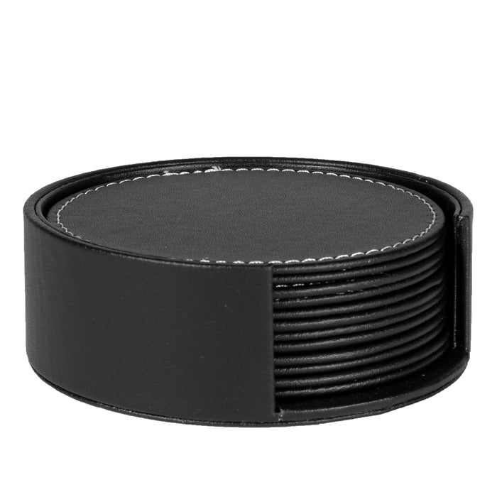 QUVIO 6 Leren onderzetters rond met houder - Zwart