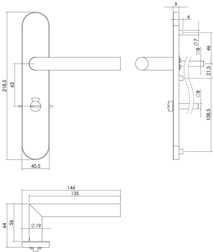 Intersteel Deurkruk Hoek 90° op schild toilet-|badkamersluiting 63 mm