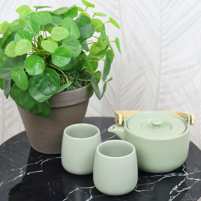 Orange85 Theepot Mint 50cl met 2 Kopjes Aardewerk Bamboe