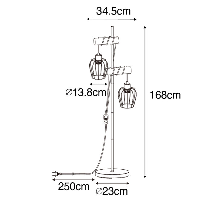 QAZQA Landelijke vloerlamp zwart met hout 2-lichts - Stronk