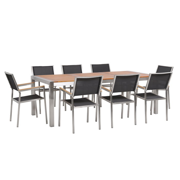 Beliani-GROSSETO -Tuinset voor 8-Licht hout|Zwart-Eucalyptushout|RVS