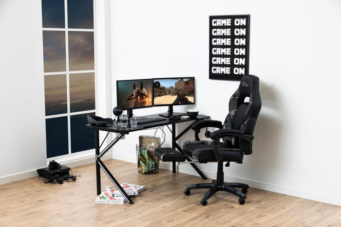 Hioshop Canie gamestoel met voetsteun, camouflagegrijs en zwart.