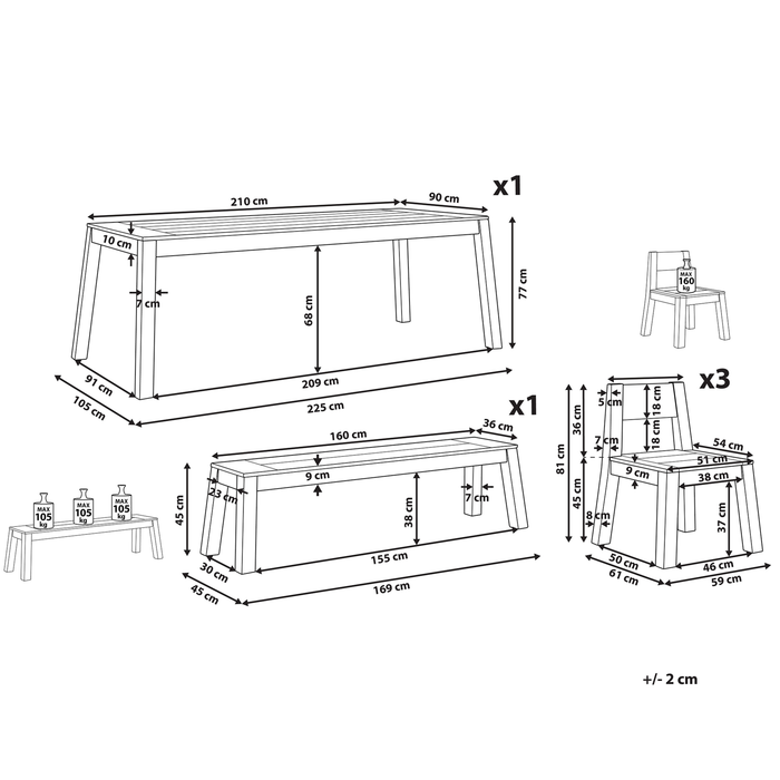 Beliani-LIVORNO -Tuinset voor 6 3 stoelen en bank-Lichthout-Acaciahout