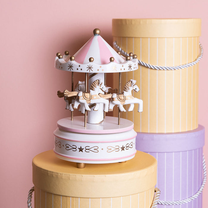 Clayre & Eef Muziekdoosje Ø 11x19 cm Wit Roze Kunststof Paardjes