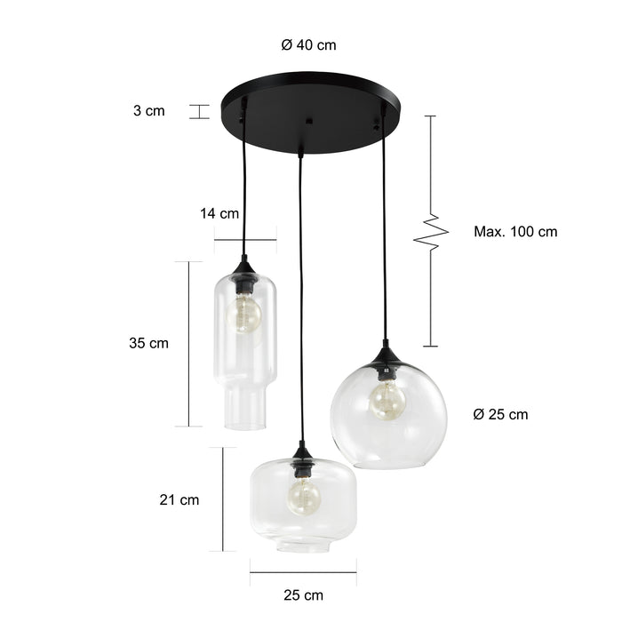 QUVIO Hanglamp glas 3-lichts rond zwart - QUV5125L-BLACK