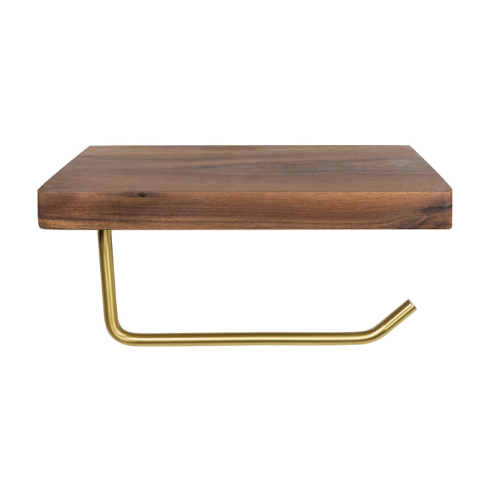 QUVIO Toiletrolhouder metaal met telefoon plank - Donker hout + goud