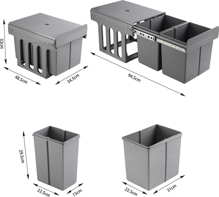 Homra Slide Inbouw Prullenbak - 2 vakken - 30L - Grijs