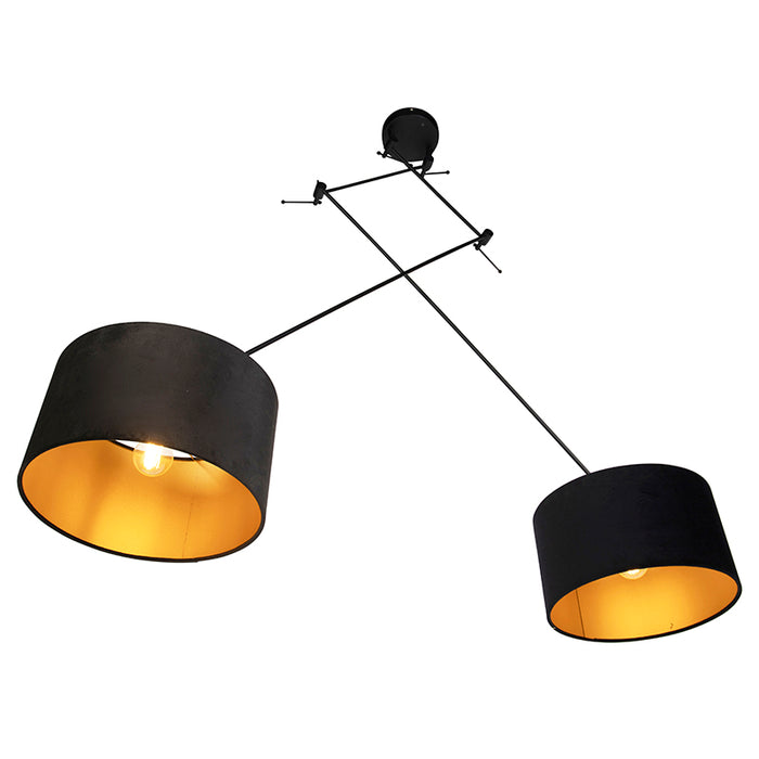 QAZQA Hanglamp zwart met velours kappen zwart met goud 35 cm 2-lichts