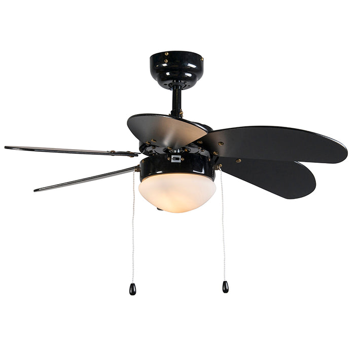 QAZQA Plafondventilator zwart met hout print 80cm met trekschakelaar