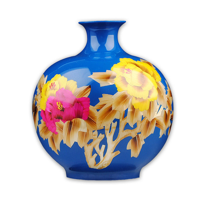 Fine Asianliving Chinese Vaas Porselein Handgemaakt Pioenrozen Blauw