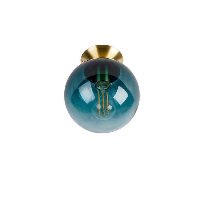 QAZQA Art deco plafondlamp messing met oceaanblauw glas - Pallon