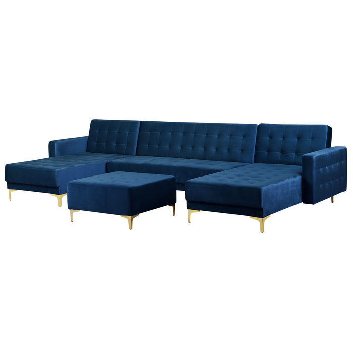 Beliani-ABERDEEN-Bank U-vormig met hocker voor 5-Marineblauw- Fluweel