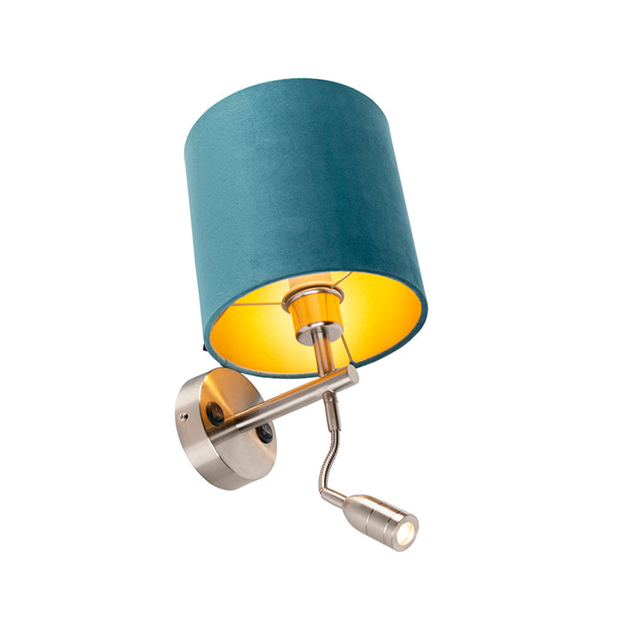 QAZQA Wandlamp staal met leeslamp en kap velours 20|20|20 blauw