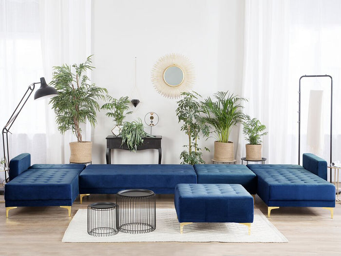 Beliani-ABERDEEN-Bank U-vormig met ottomaan-Marineblauw-Fluweel