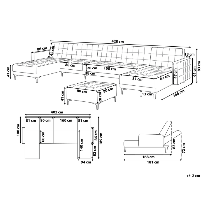 Beliani-ABERDEEN-Bank U-vormig met ottomaan-Marineblauw-Fluweel