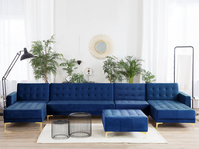 Beliani-ABERDEEN-Bank U-vormig met ottomaan-Marineblauw-Fluweel