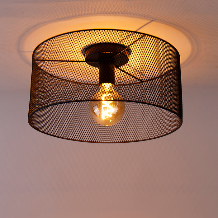 QAZQA Industriële plafondlamp zwart - Drum Mesh