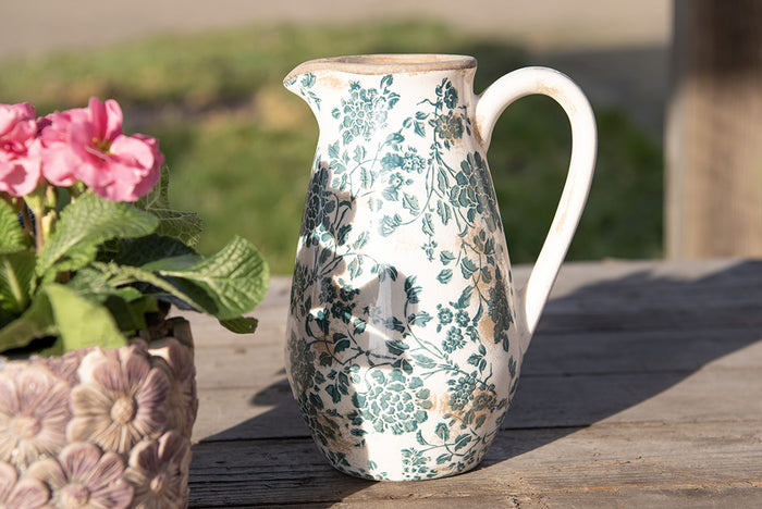 Clayre & Eef Decoratie Kan 1300 ml Groen Keramiek Rond Bladeren