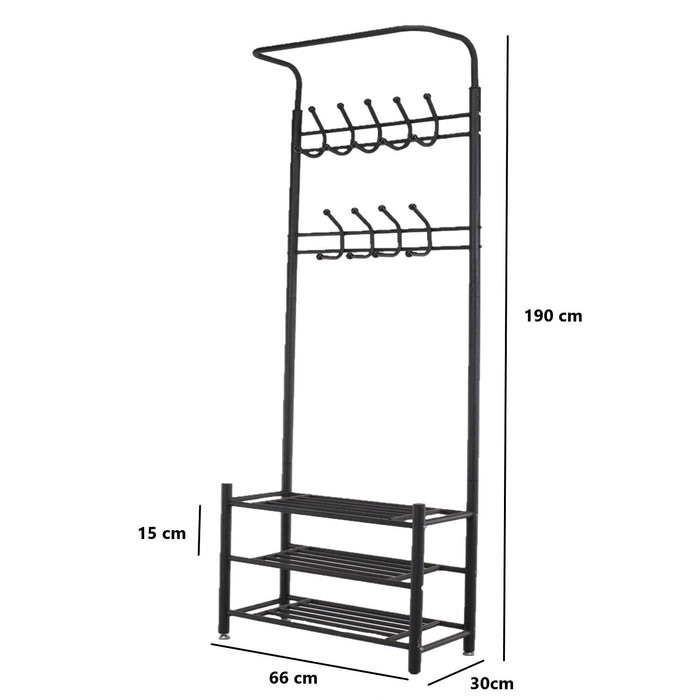 O'DADDY® kapstok staand - schoenenrek - 18 haken - 66x30x190cm - zwart