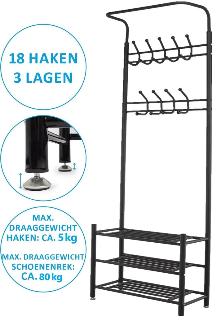 O'DADDY® kapstok staand - schoenenrek - 18 haken - 66x30x190cm - zwart