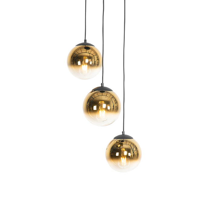 QAZQA Art deco hanglamp zwart met goud glas rond 3-lichts - pallon